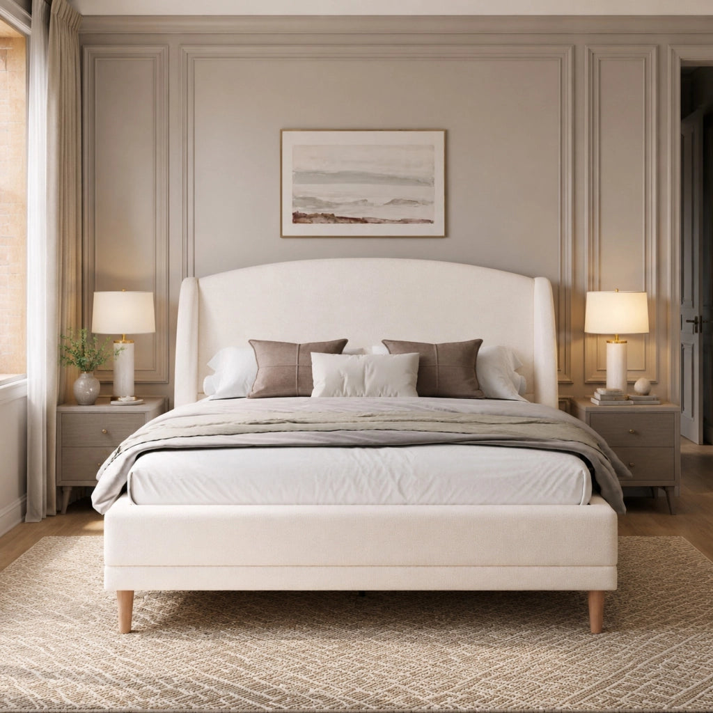 Letto matrimoniale 140x190 cm in tessuto bouclé bianco, testiera a orecchie, rete a doghe inclusa, montaggio rapido