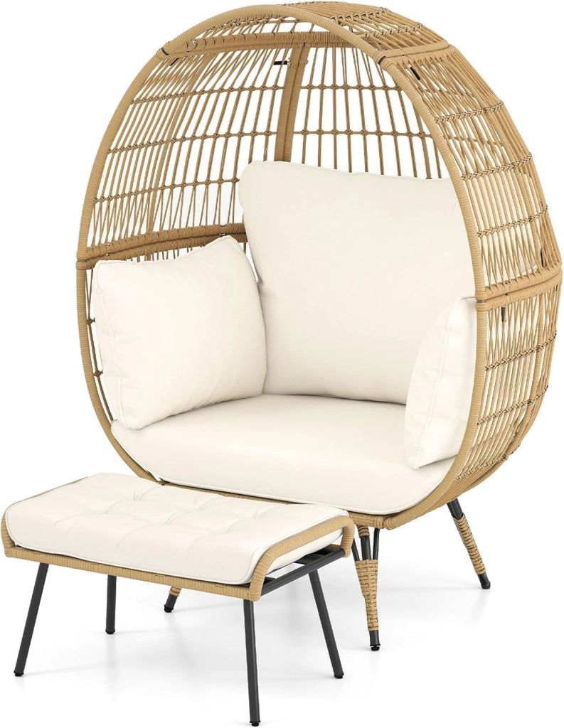 Sedia a uovo in rattan PE con poggiapiedi e cuscini, poltrona relax con piedini antiscivolo regolabili, facile da pulire, poltrona per il tempo libero per balcone, soggiorno, giardino