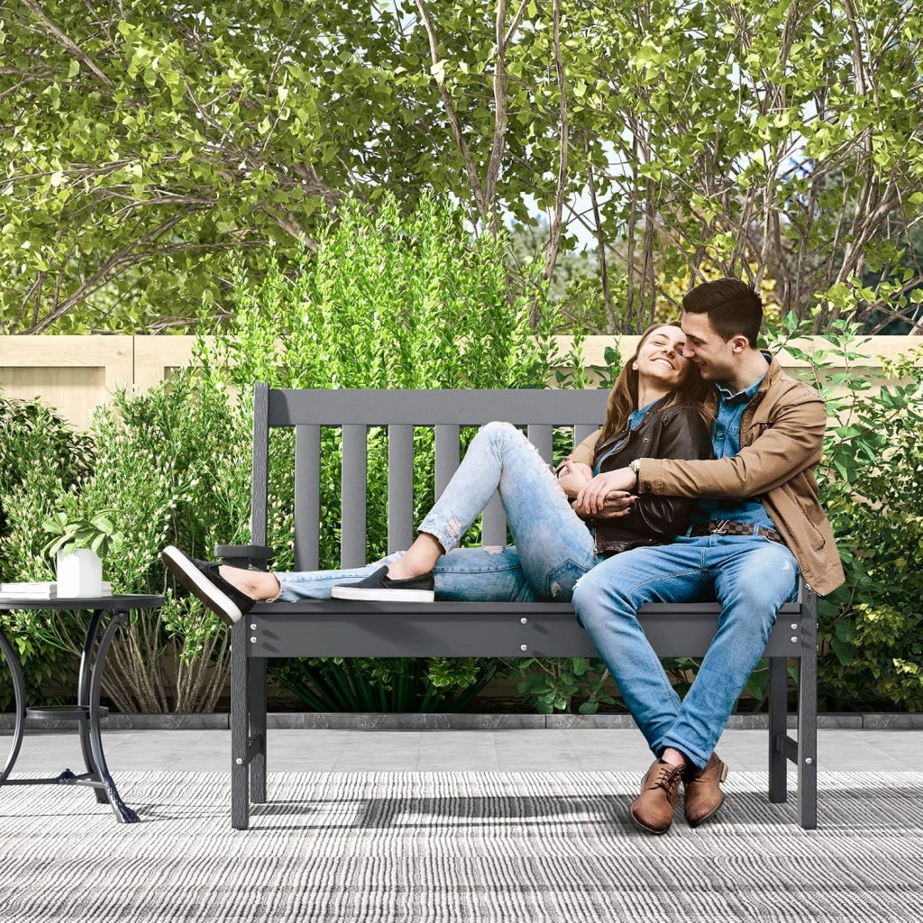 Panca da giardino, Panchina da Esterno, Resistente alle Intemperie, con Schienale e Braccioli, fino a 300 kg, 132,5 x 62,5 x 91 cm, Grigio