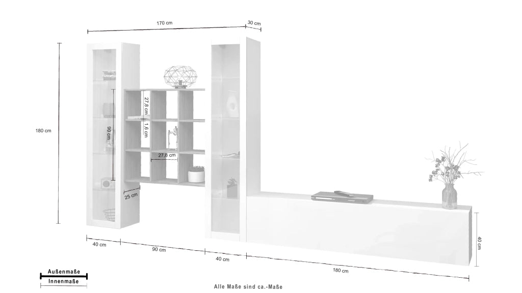 Parete attrezzata bianca mobile TV libreria in legno 2 vetrine Onir WH