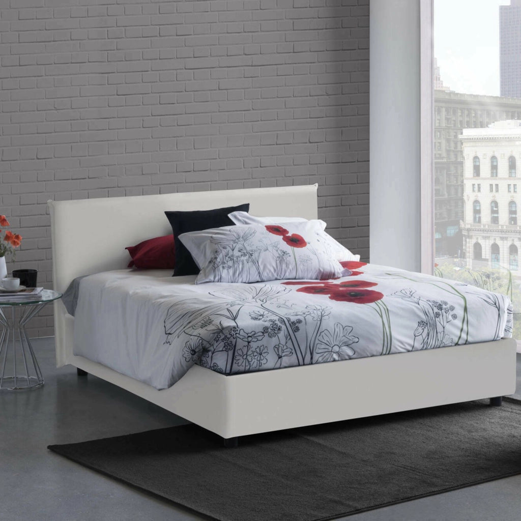 Letto matrimoniale Morganite, Letto contenitore con rivestimento in ecopelle, Made in Italy, Apertura frontale, con materasso cm 140x200 incluso, Bianco