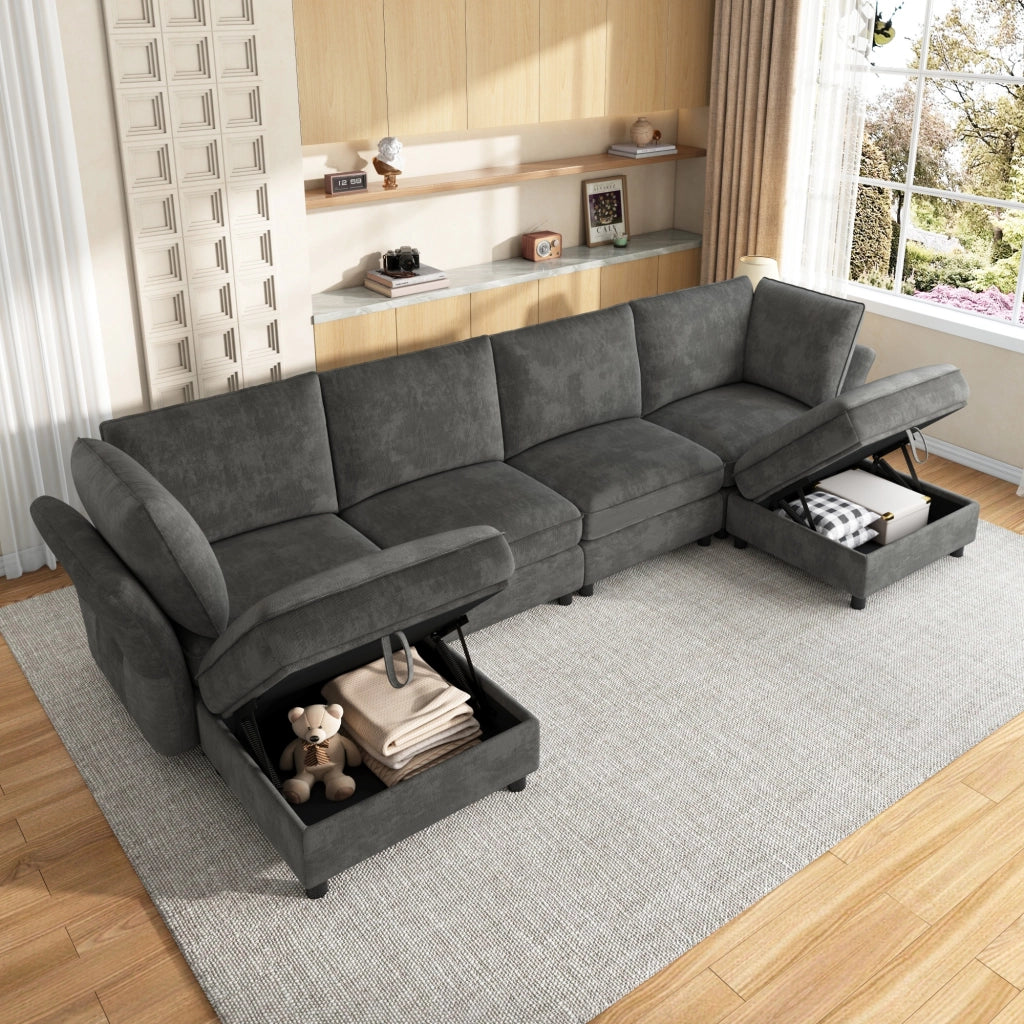 Divano angolare modulare con pouf contenitore e 2 cuscini in ciniglia grigio 6-7 posti per soggiorno 289 × 137 × 84 cm