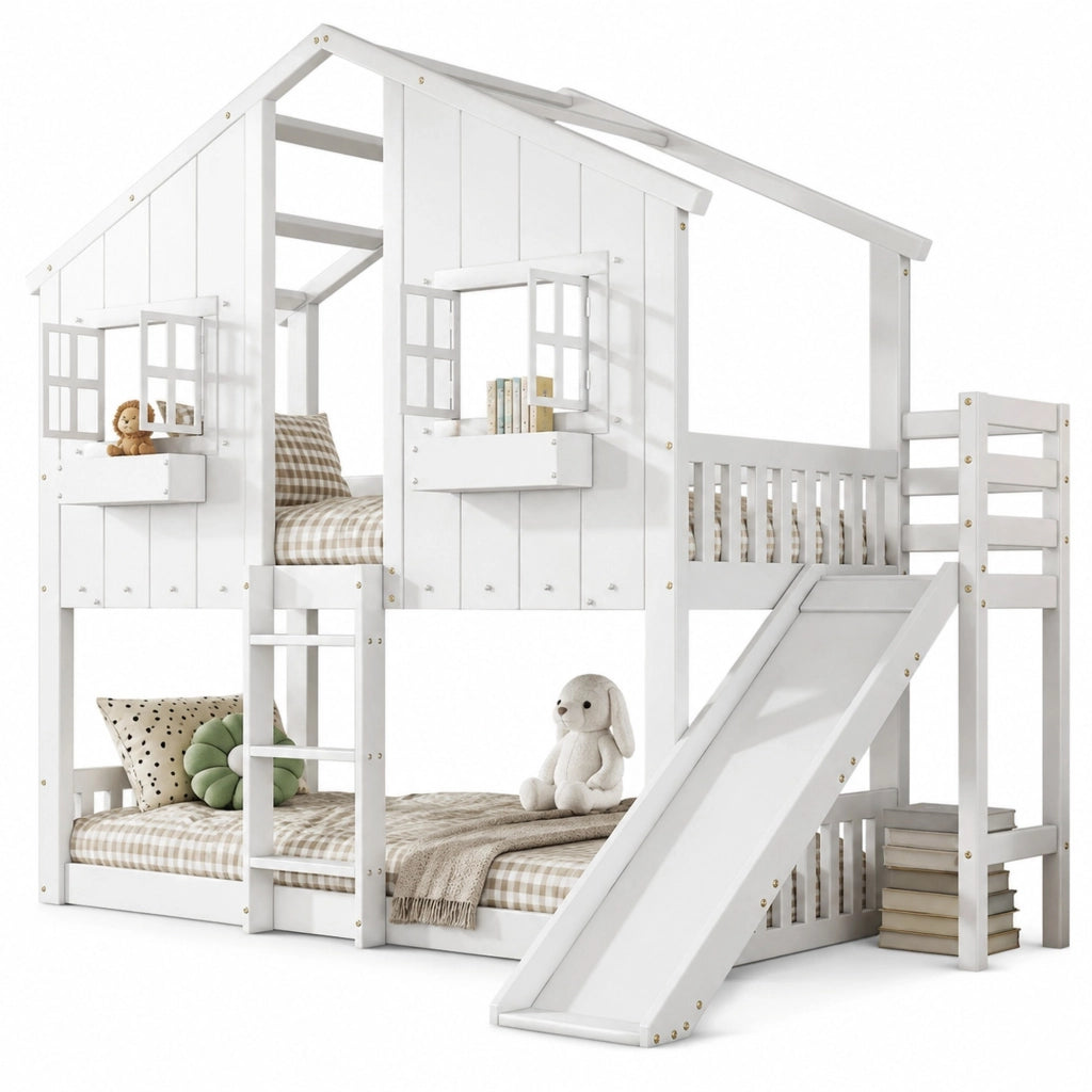 Letto a castello per bambini con scivolo e finestre 90x200 cm