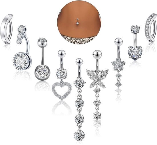Set di piercing per navela 9 pezzi - Acciaio inossidabile - Anelli per navela corti/lunghe - Disegni heart/vlinder/bloem - Facile da inserire/elevare - Perfetto comfort di portata - Piercing per navela