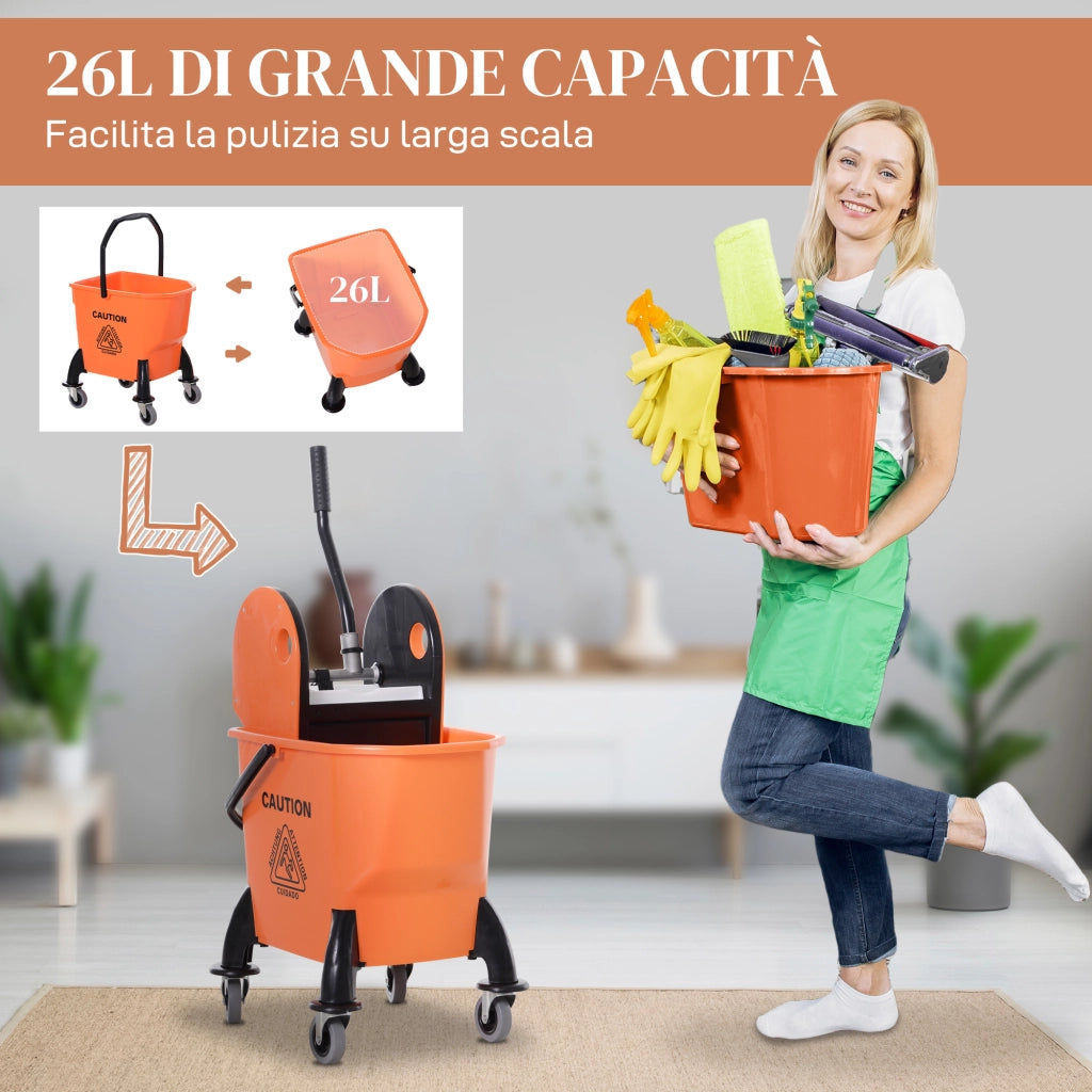 Carrello Pulizie Professionale ¨C Xylo ¨C 26L con Strizzatore e Ruote 44x36x90cm Arancione