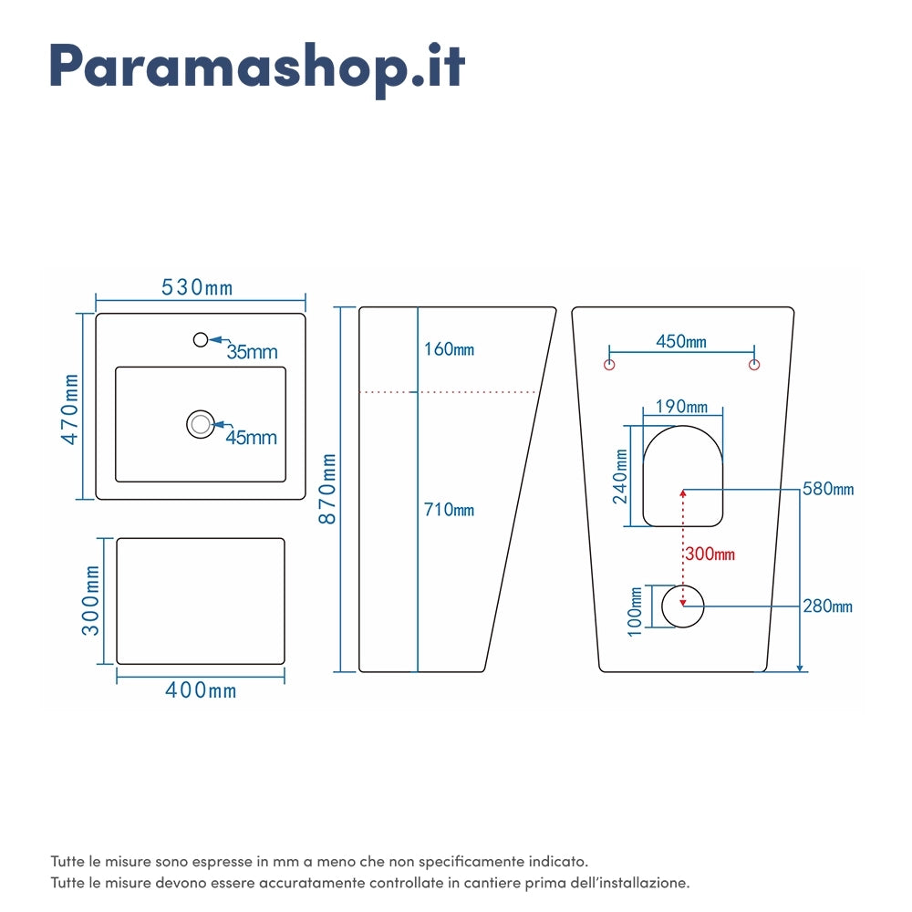 Lavabo freestanding 53x47cm in ceramica bianco lucido con troppopieno | Kara