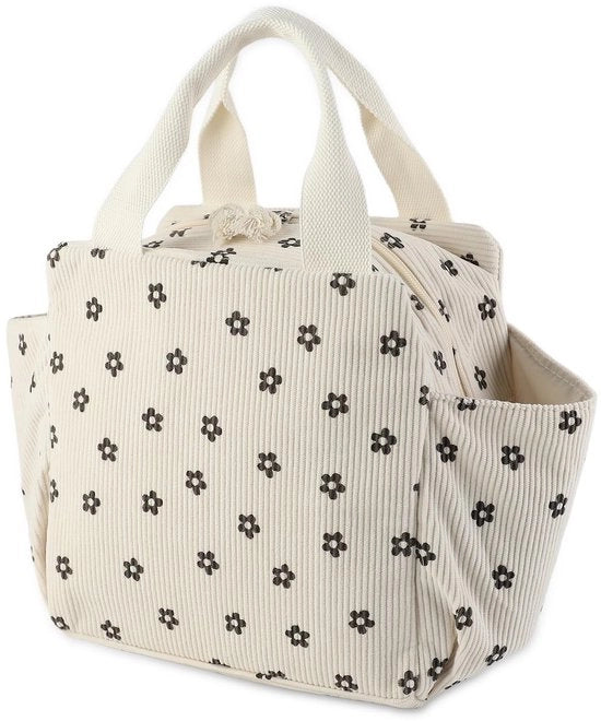 Borsa per picnic per donne, piccola borsa a corda (12 litri), grandi tasche laterali per il ripostigio di ombrelli, borracce, posate e telefoni cellulari, adatta per pic nic, lavoro e scuola (fiori)