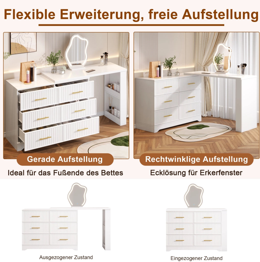 Toeletta girevole con specchio LED, 6 cassetti, bianco e oro, 110×40×129 cm