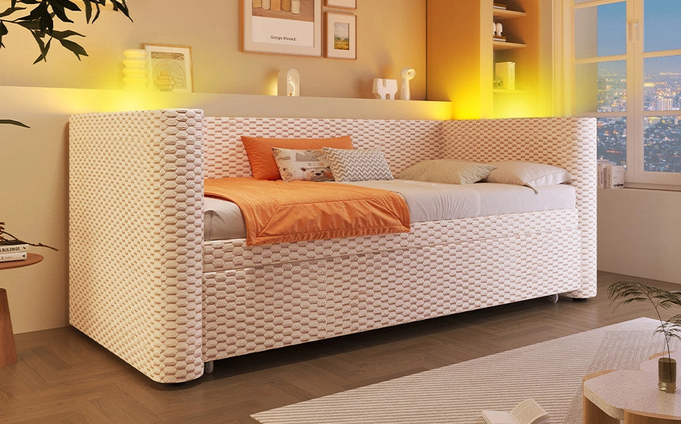 Divano Letto Multifunzionale 90x200 cm con LED e Struttura in Velluto Beige