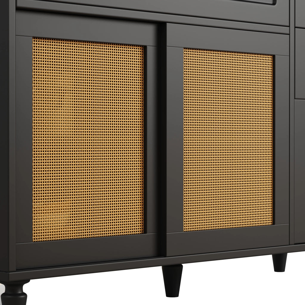 Credenza alta 120x45x195.5 cm con LED; 3 cassetti e ripiani regolabili in MDF e pannello truciolare nero