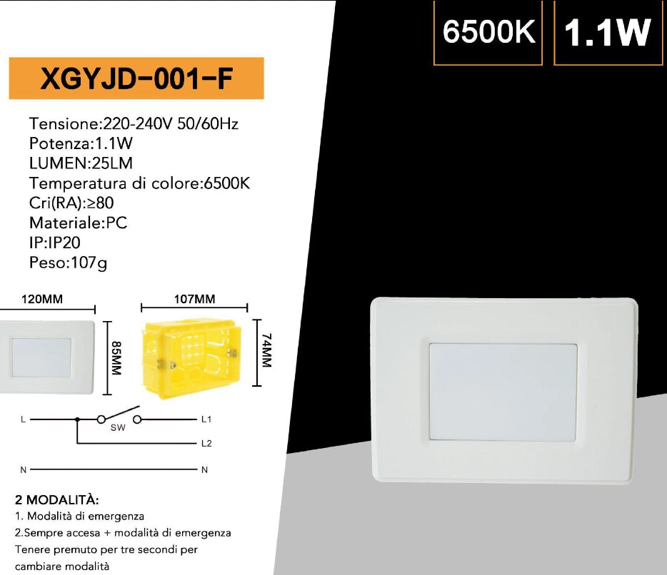 Faretto Led segnapasso da parete per scatola 503 doppia funzione emergenza black out 1.1w luce Bianca fredda