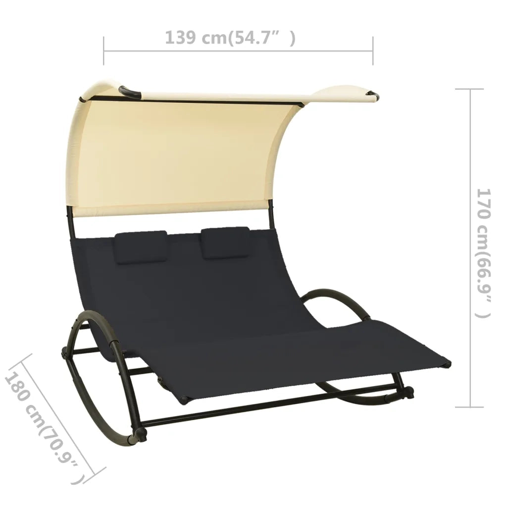 Lettino Prendisole Doppio Baldacchino in Textilene Nero e Crema 310547