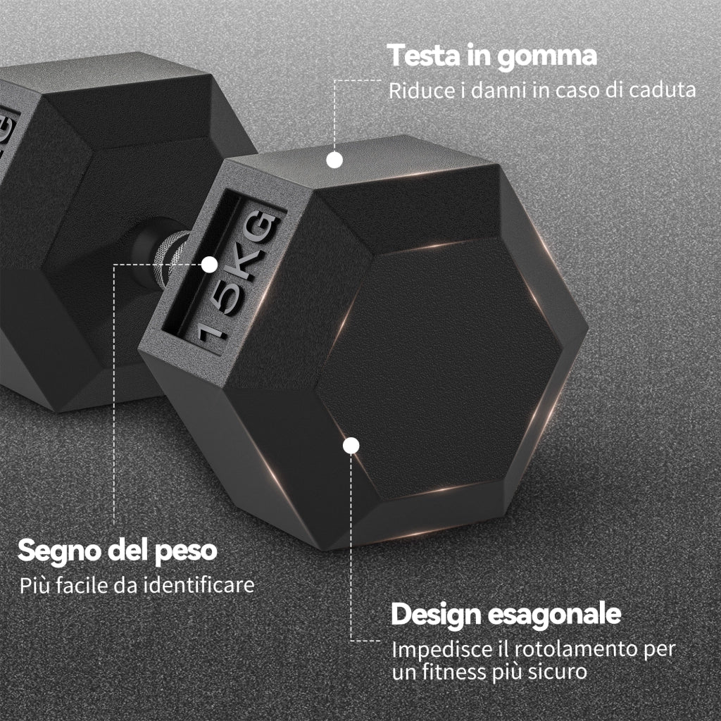 Manubri Fitness Esagonali ¨C Zephmum ¨C Nero Acciaio Gomma 15 kg