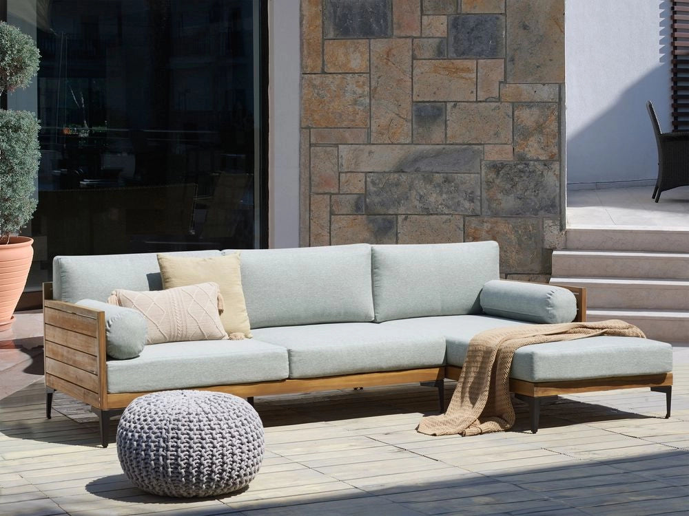 Divano angolare da giardino a 4 posti in legno d'acacia grigio con cuscini per esterni stile elegante