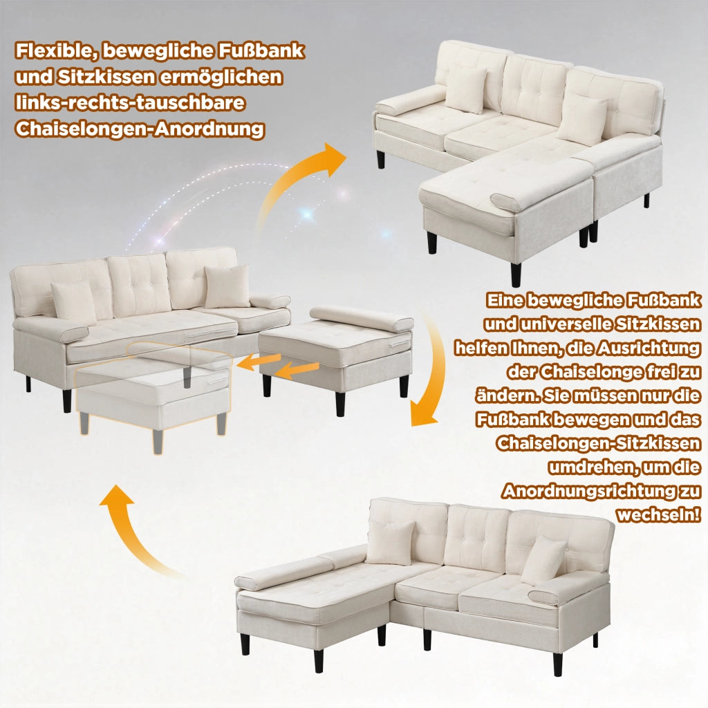Divano angolare modulare in ciniglia con chaise longue, pouf mobile e cuscini, per piccoli appartamenti, beige chiaro