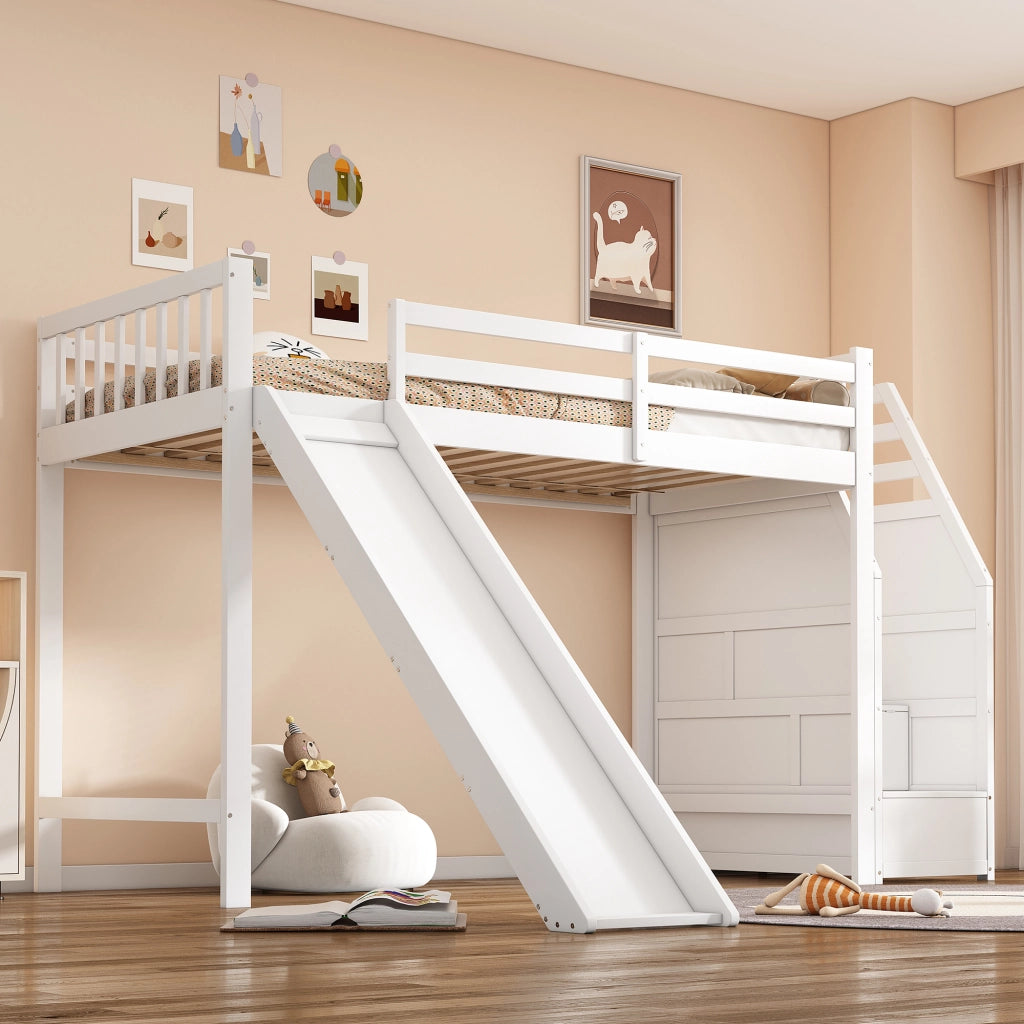 Letto a castello bianco in pino con scivolo e scala portante 90x200 cm