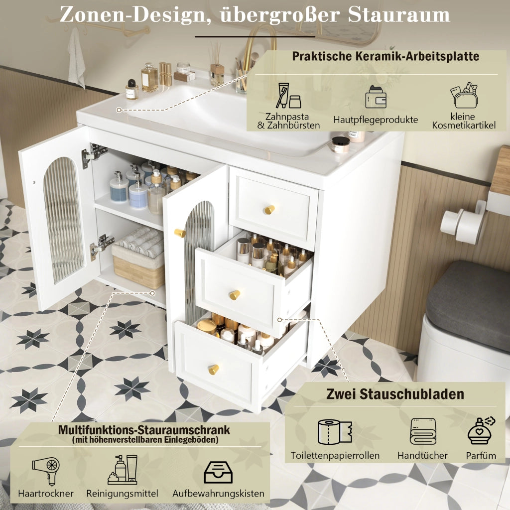 Mobile sottolavabo con lavabo in ceramica, 2 cassetti e anta in vetro, ripiani regolabili, per bagno, bianco