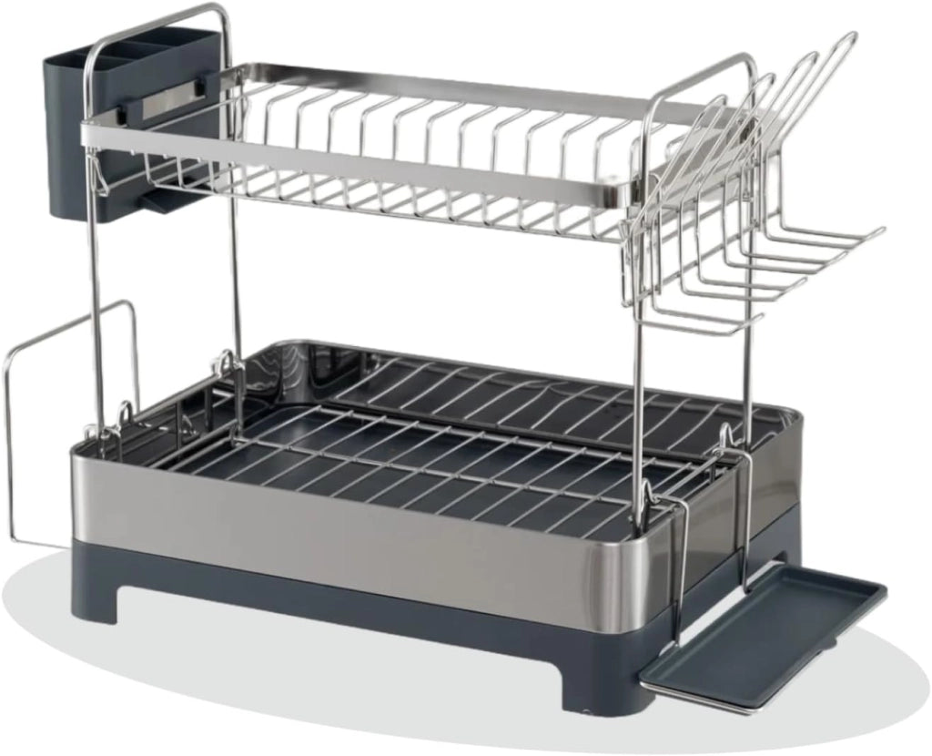 Scolapiatti in acciaio inox, scaffale organizzatore da cucina a 2 livelli con vassoio di scarico porta posate e secchio per posate, deposito cucina, 57 x 32 x 39,5 cm