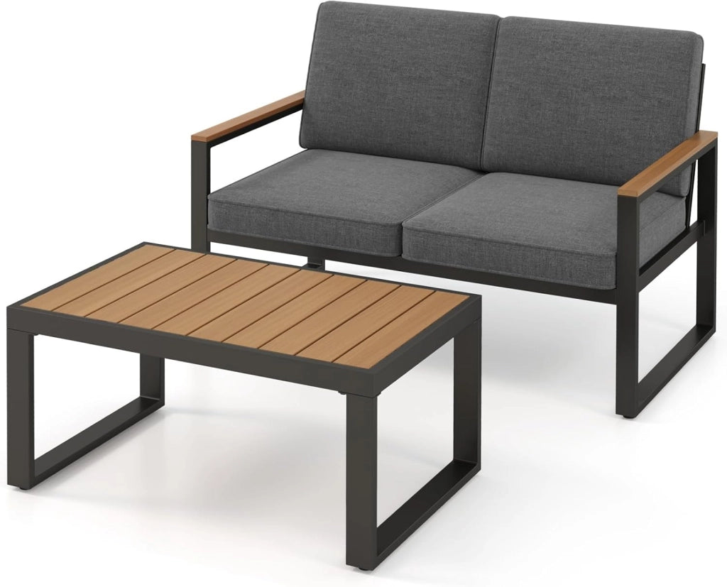 Set di mobili da giardino da balcone, resistente alle intemperie, con telaio in alluminio, set da 2 posti, divano e tavolino da caffè, con cuscino, set da balcone per 2 persone, set da