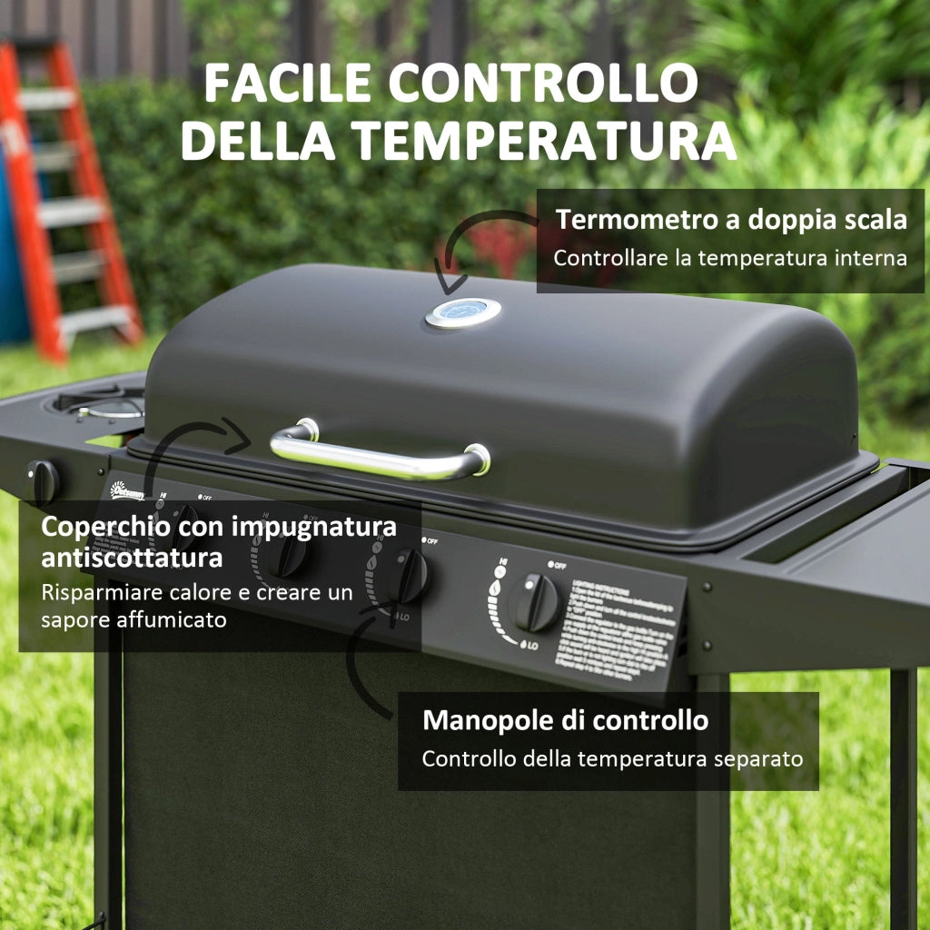 Barbecue a Gas con 4+1 Bruciatori Indipendenti 121x54x97 cm Coperchio con Termometro Nero