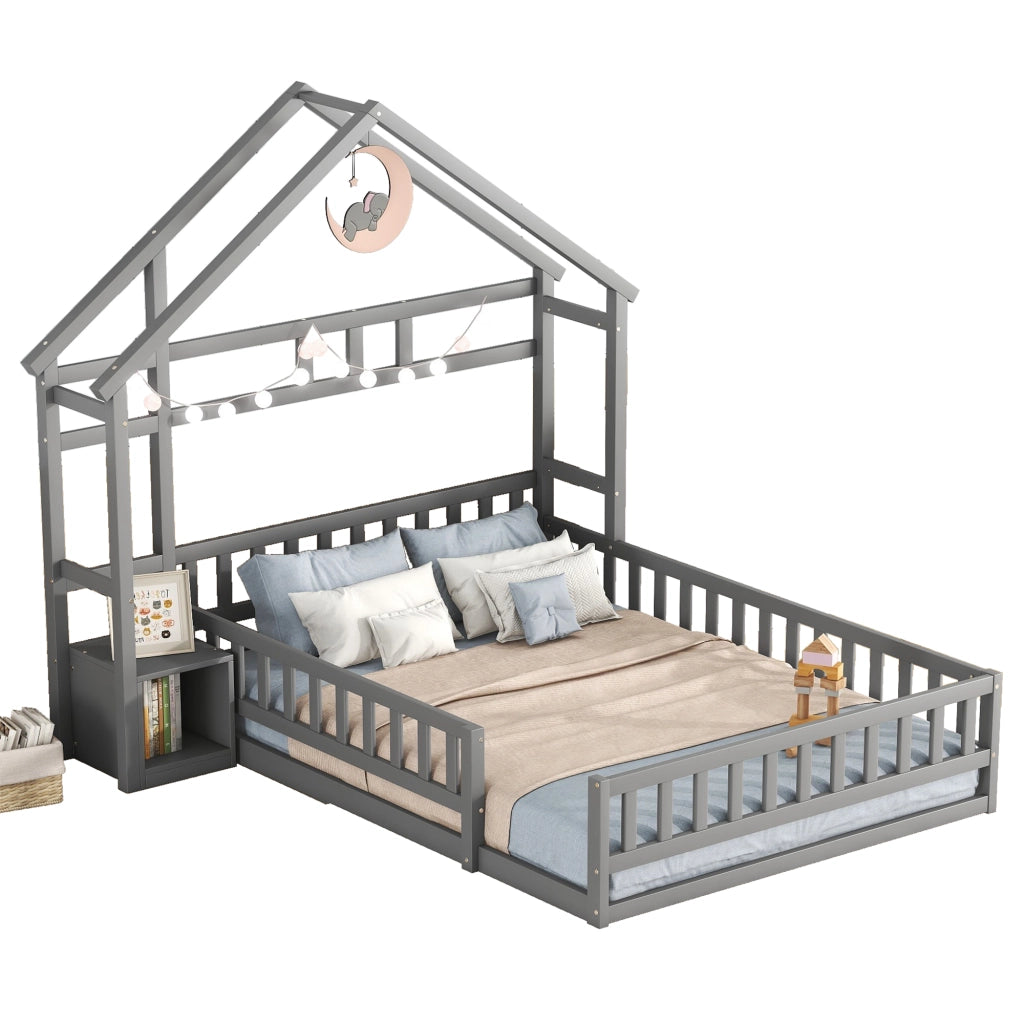 Letto Casetta Matrimoniale con Sponda e Comodino 140×200 cm; senza Materasso; in Pino e MDF; Grigio
