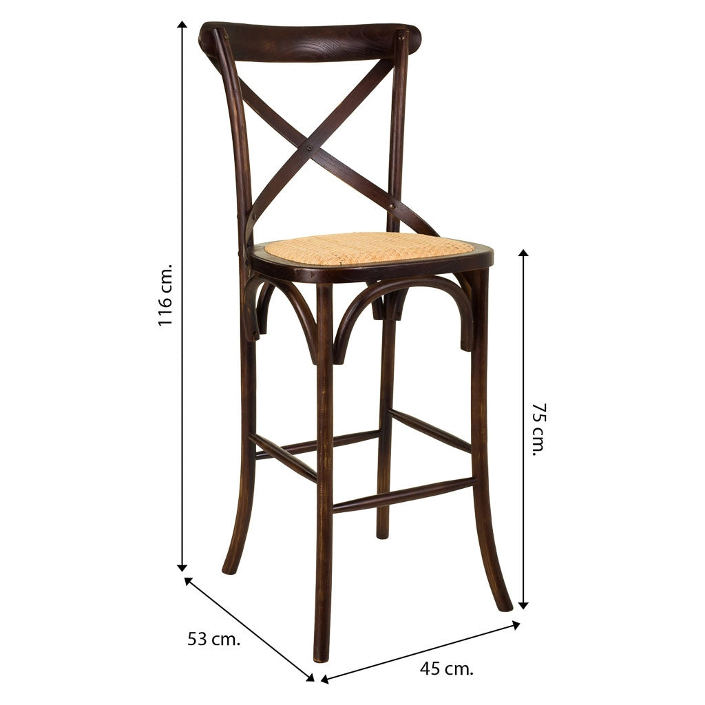 Sgabello in legno e seduta in rattan marrone 45x53x75/116h
