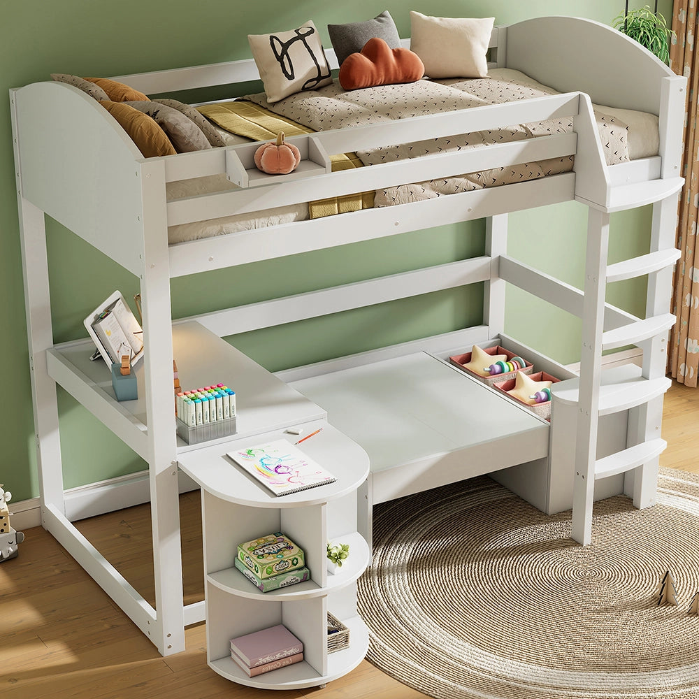 Letto a soppalco 90x200 cm - Xylo - Scala, tavolo estensibile, divano, tre cuscini, scaffali di stoccaggio, bianco