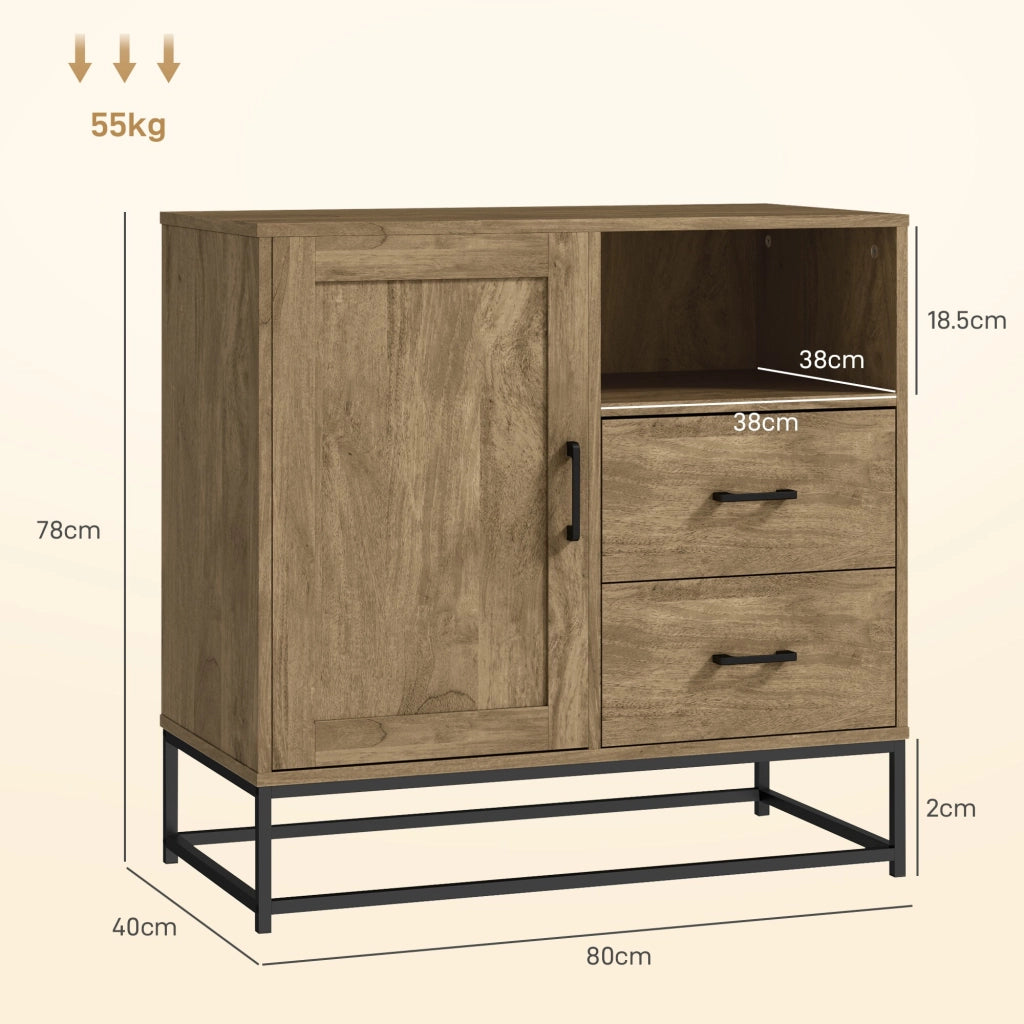 Credenza Mobile Basso Multiuso Armadietto Cassetti e Vani a Giorno  80x40x78 cm in Legno e Acciaio Marrone