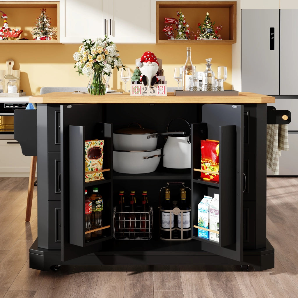 Carrello da Cucina con 2 Ante e 6 Cassetti con Ruote; in MDF e Metallo; per Cucina; 120x45x91 cm; Nero