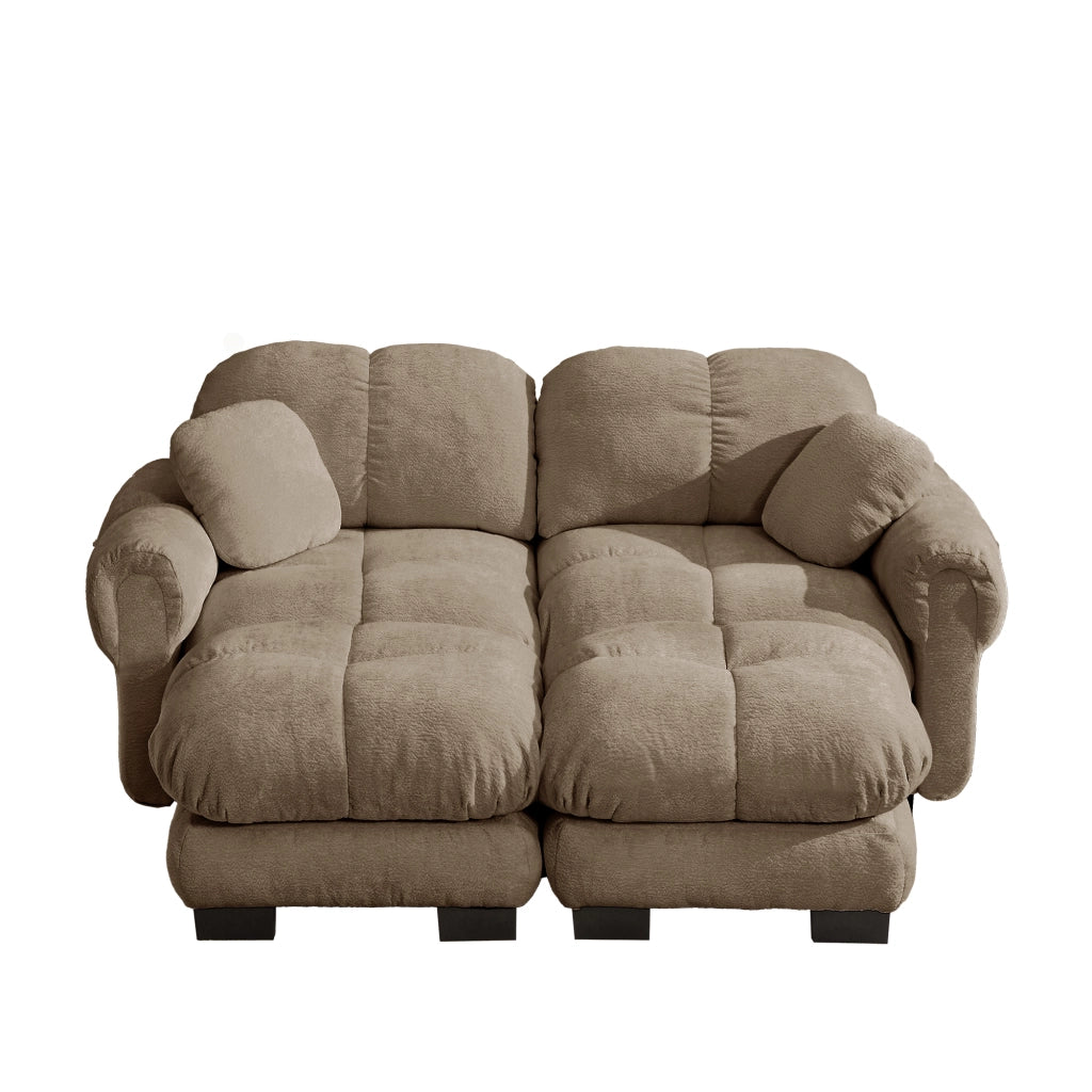 Divano modulare a U 2 posti con cuciture trapuntate; cuscini spessi e ottomana mobile in chenille marrone 190×149×90 cm