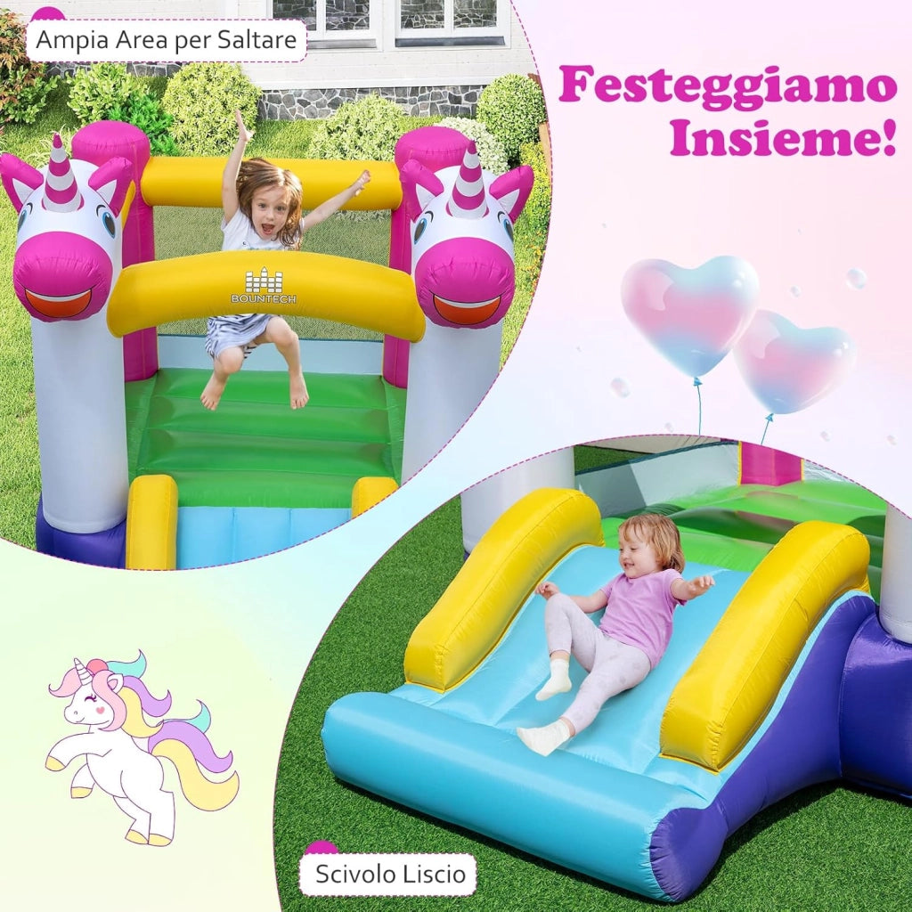 Castello Gonfiabile per Bambini, Casa Gonfiabile Unicorno per bambini con Scivolo e Area Salto, Parco Giochi Gonfiabile da 3-12 Anni, Adatto per Giardino, Esterno e Interno