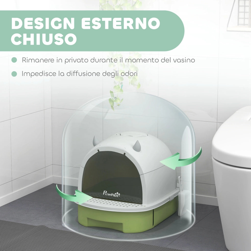 Lettiera Chiusa per Gatti 40,5x52x39 cm con Vassoio Estraibile Paletta e Filtri Verde e Bianco