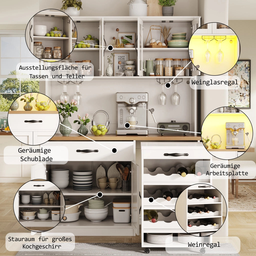 Credenza cucina alta con carrello estraibile; illuminazione LED; 4 ante in vetro; cassetto; portabicchieri e portabottiglie; per cucina e sala da pranzo; 140 × 38 × 180 cm
