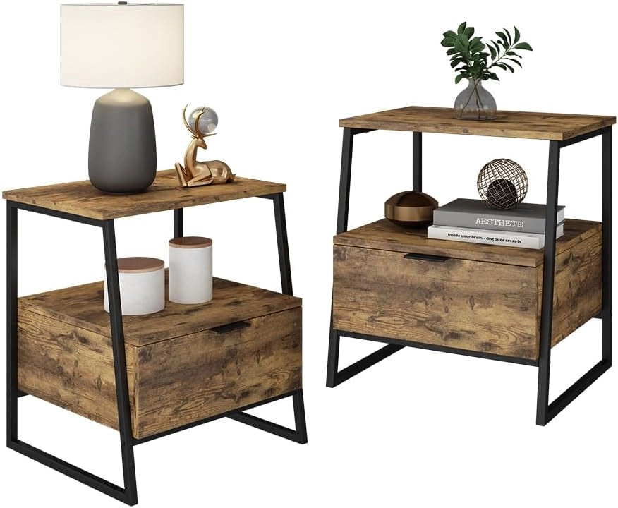 Comodino Lunor, Rovere rustico/nero, Set di 2