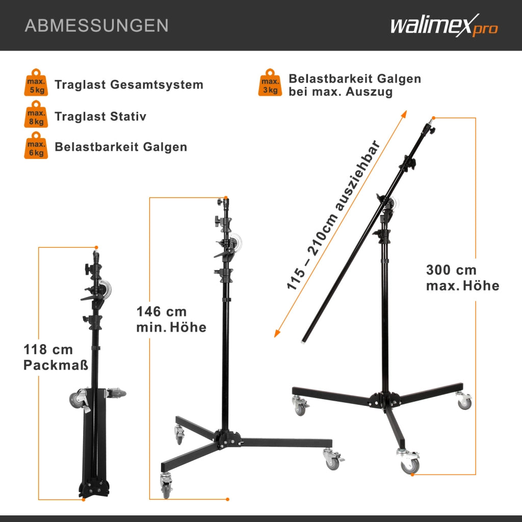 Stativo a giraffa con ruote, treppiede regolabile in altezza da 130 a 390 cm, braccio telescopico estensibile da 115 a 215 cm, stabile supporto per lampade da studio, softbox e riflettori