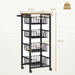 Carrello da cucina con piano di lavoro e 4 cestelli estraibili, in acciaio e finitura rovere, 49,5x31x91 cm