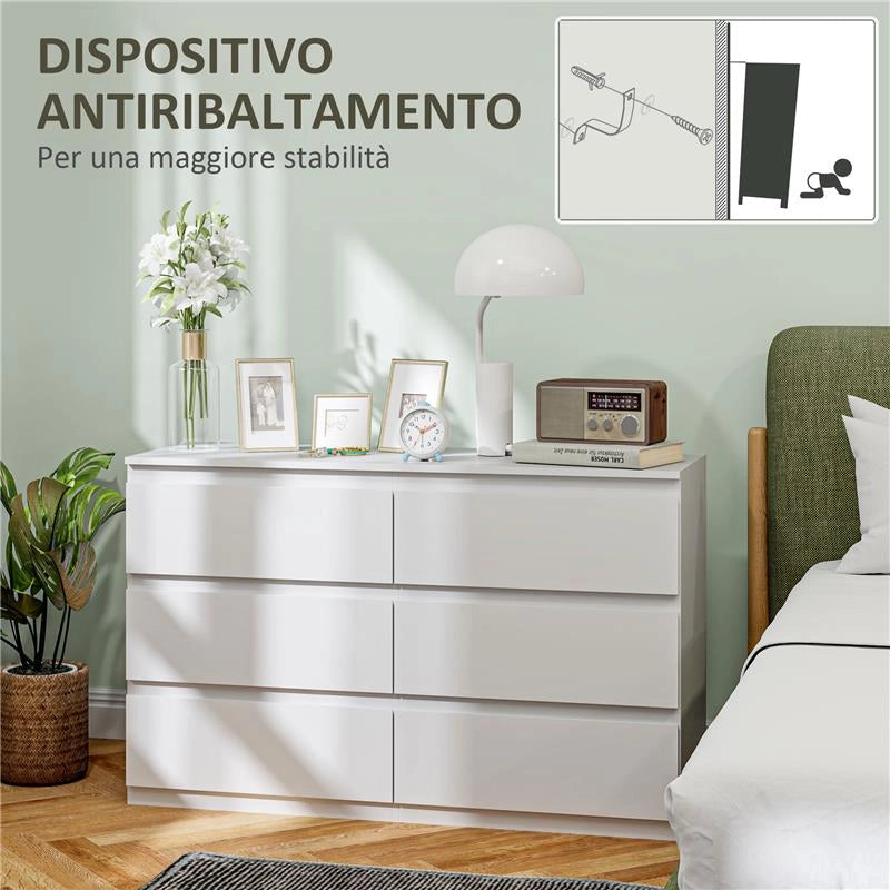 CASSETTIERA 6 CASSETTI PER CAMERA DA LETTO IN LEGNO CON GUIDE IN METALLO 120X39X75 CM BIANCO