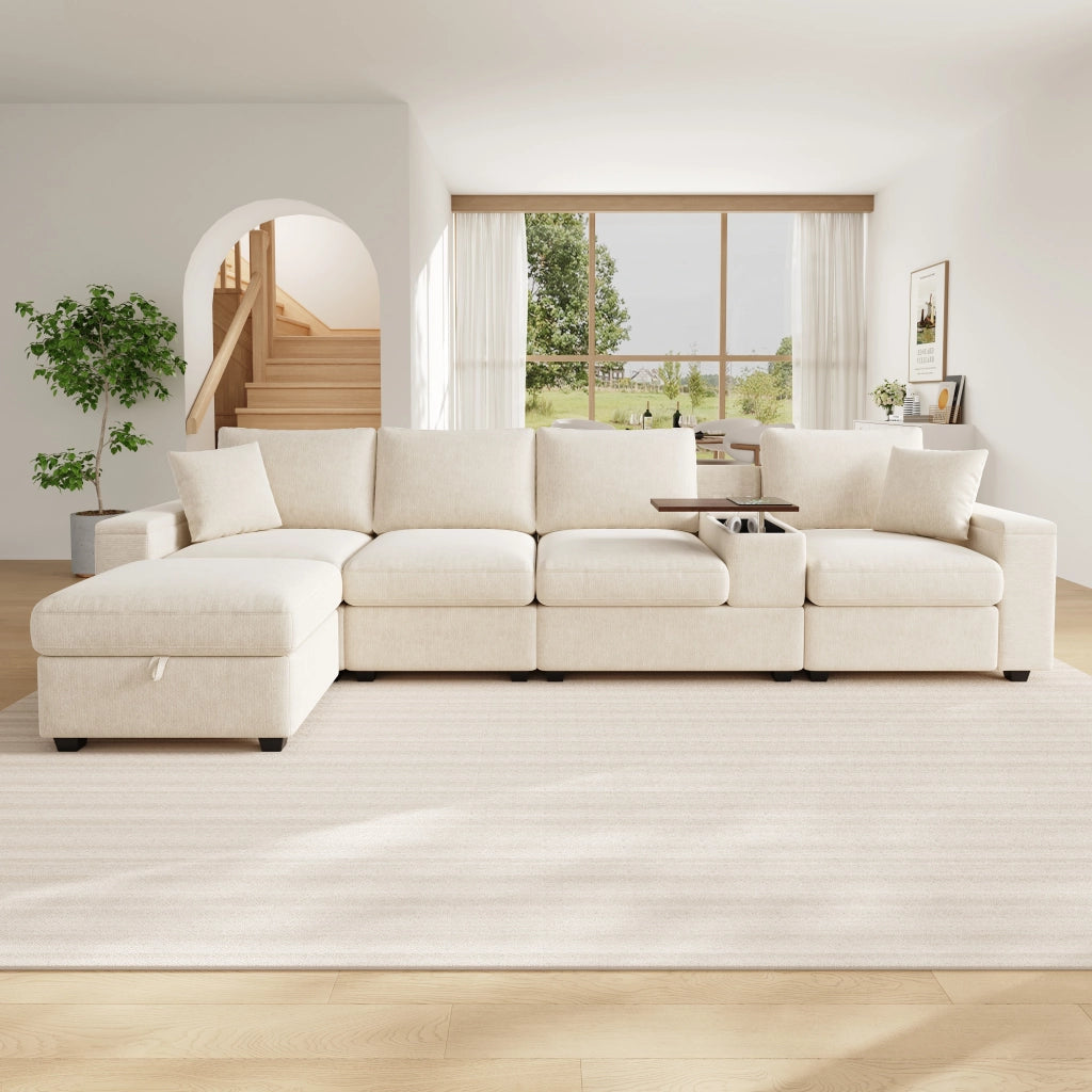 Divano modulare angolare in ciniglia con USB tipo C portabicchieri e contenitore beige