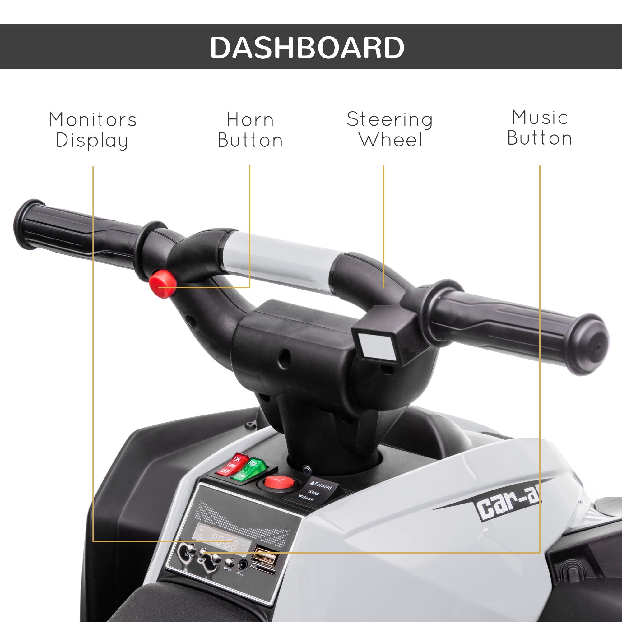 Quad Elettrico per Bambini 12V Ruote Larghe con Sospensioni e Fari LED Bianco