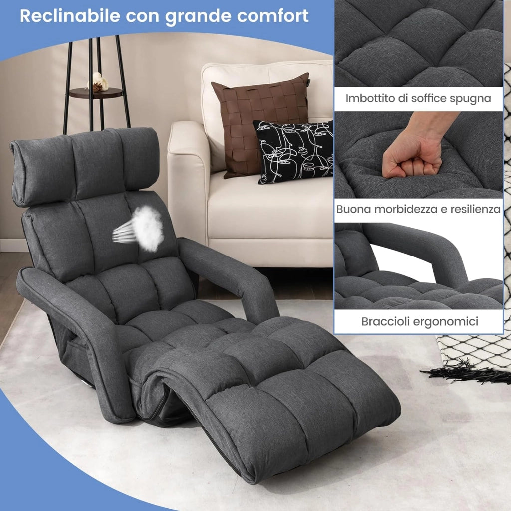 Poltrona Salotto da Terra, Sedie Pieghevoli Imbottita Chaise Longue Reclinabile in 5 Posizioni, con Regolabili Braccioli Schienale, per Yoga Relax Meditazione, 195x73x19 cm (Grigio scuro)