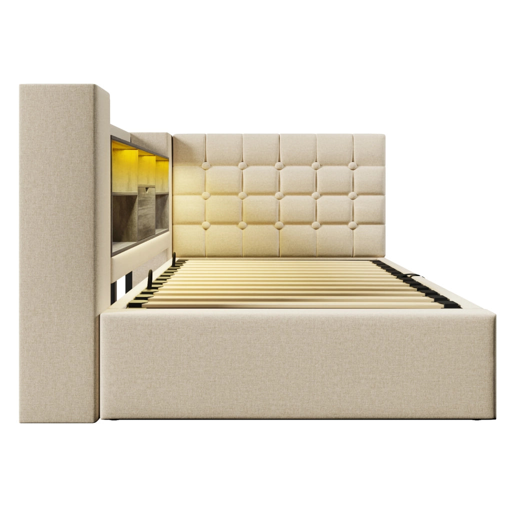 DESMIU Lit simple 90 × 200 cm con LED, USB e vano contenitore idraulico, con materasso, in lino, beige