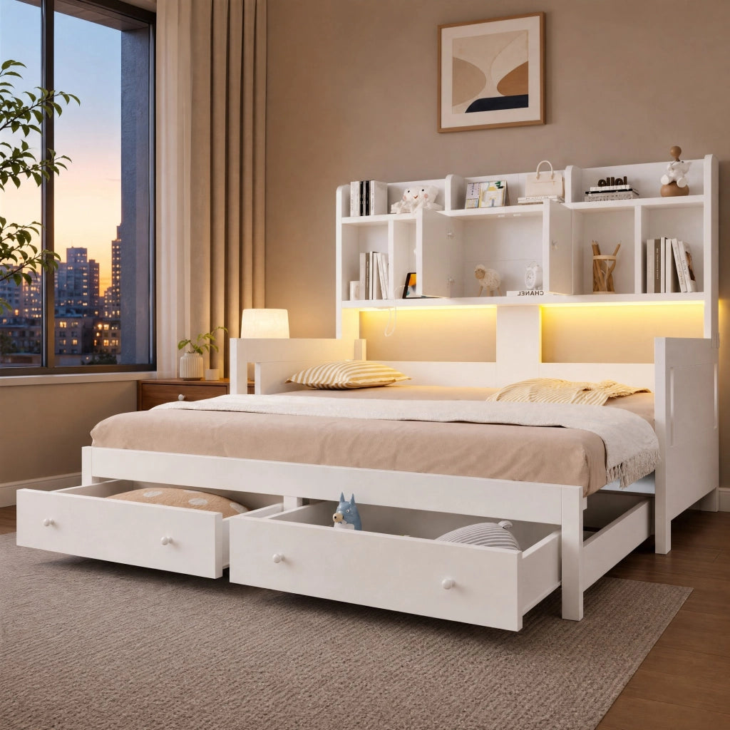 DIVANO LETTO ESRAIBILE 90x190 cm Legno Bianco con cassetti e vani