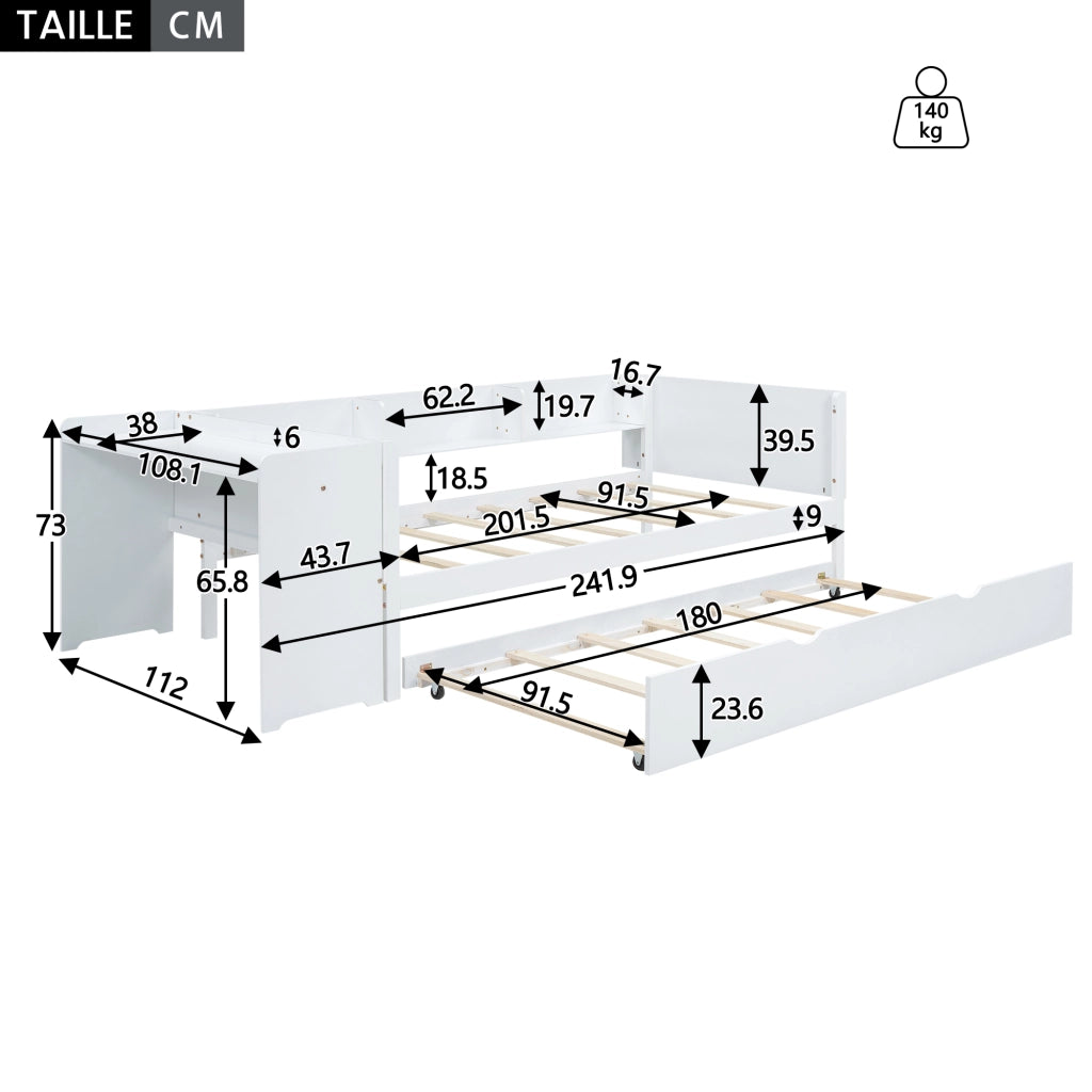 OKWISH Letto Gigogne 2 Posti con Scrivania, 3 Ripiani e Letto Estraibile 90×200 cm, senza Materasso, in Pino e MDF, Bianco