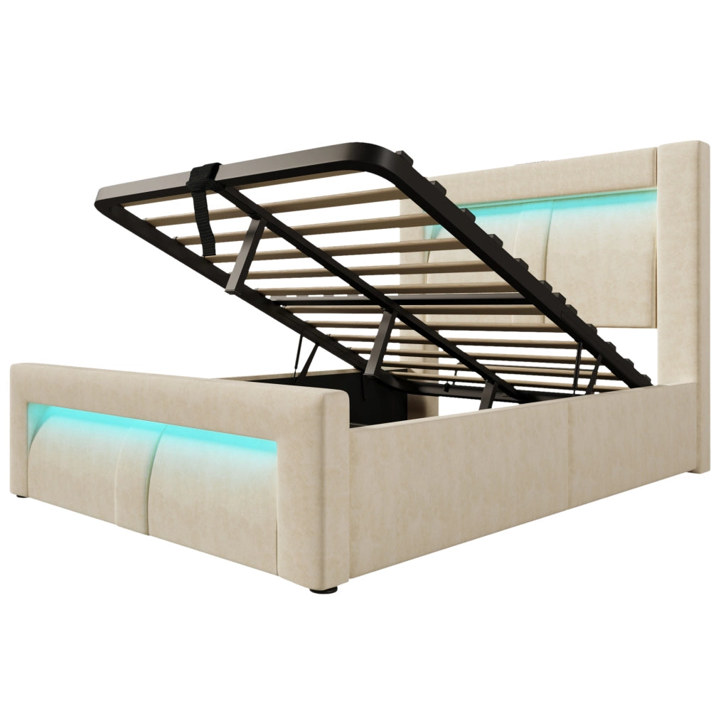 Letto contenitore 90x200 cm con LED; porte USB e USB C; velluto beige; senza materasso