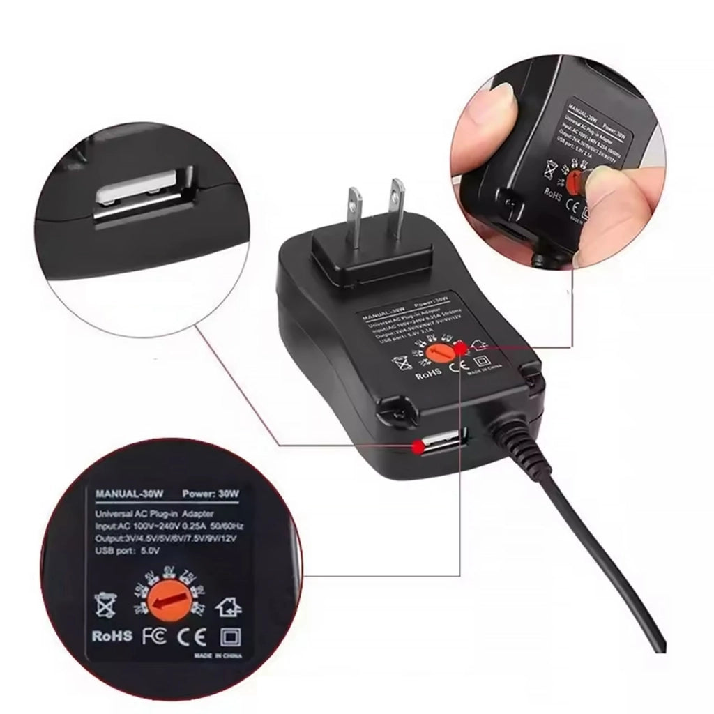 Alimentatore Universale AC/DC 30W – Tensione Regolabile 3-12V | 8 Connettori Inclusi | USB 5V