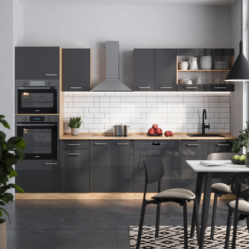 Cucina componibile R-Line Antracite lucido/Rovere dorato 300 cm con armadio alto, PL Marmo Vicco