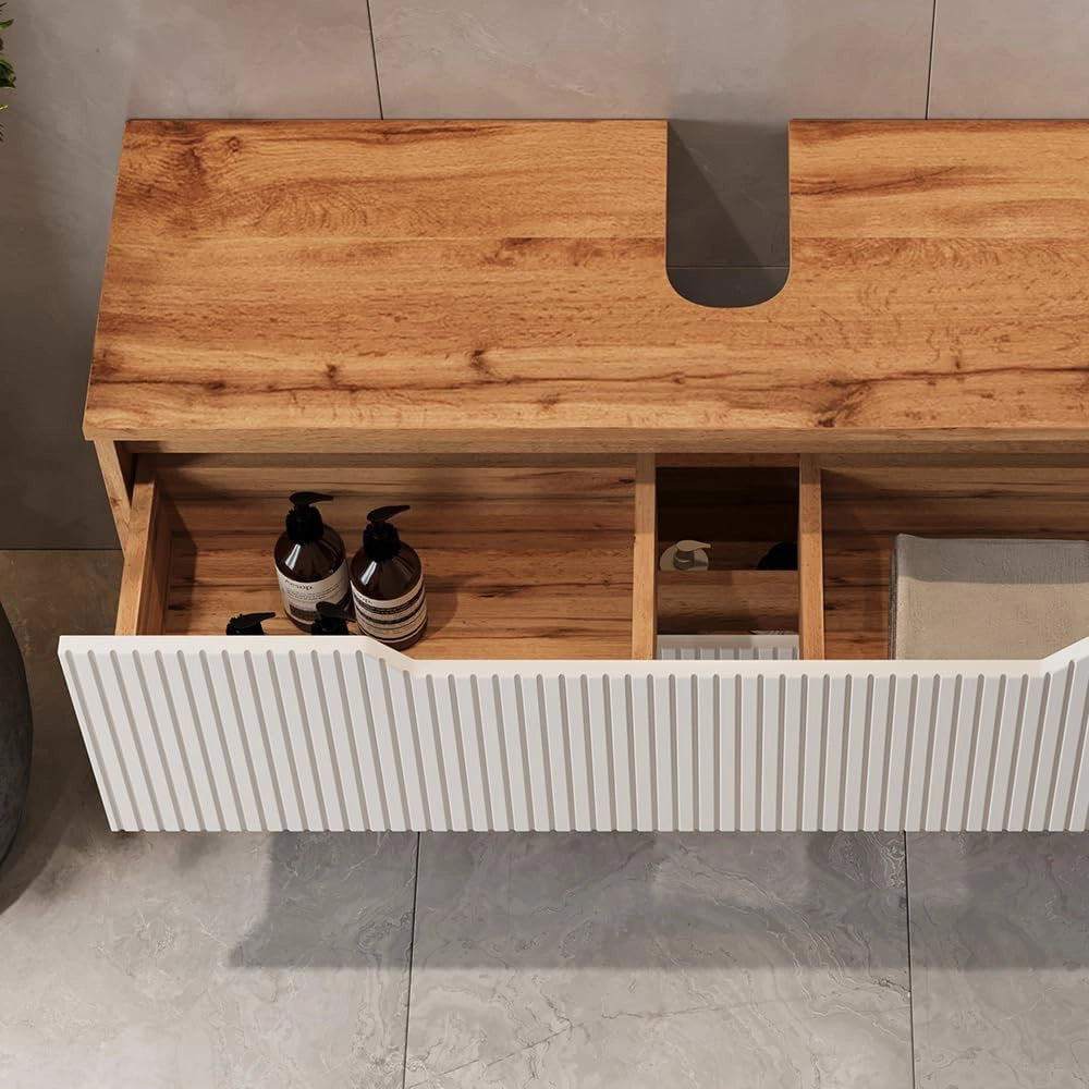 Mobile sottolavabo per bagno Lotta, Rovere/bianco a strisce, 99.4 x 62.5 cm con 2 cassetti