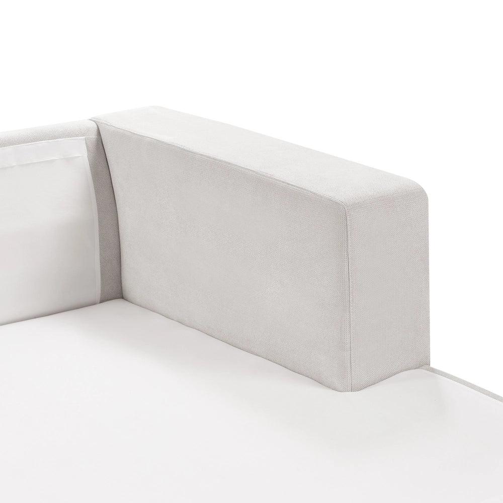 Divano angolare a 3 posti a sinistra Tessuto bianco Braccioli imbottiti a binario Cuscini aggiuntivi Stile moderno minimalista