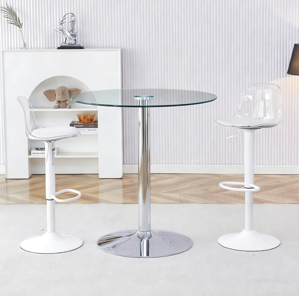 Set tavolo bar 89 cm in vetro trasparente e metallo, 2 sgabelli, per 2
