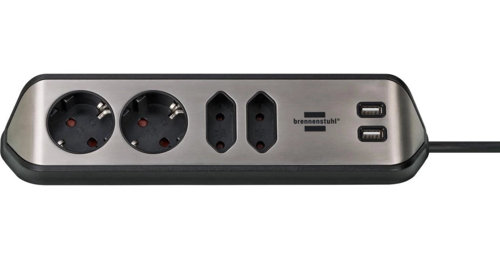 Brennenstuhl 1153590410 Estilo Presa Angolare 4 Prese AC 2 USB 2 m Cavo colore Nero Argento